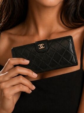 Authentic Chanel Classic Quilted Black Lambskin CC Long Wallet Clutch